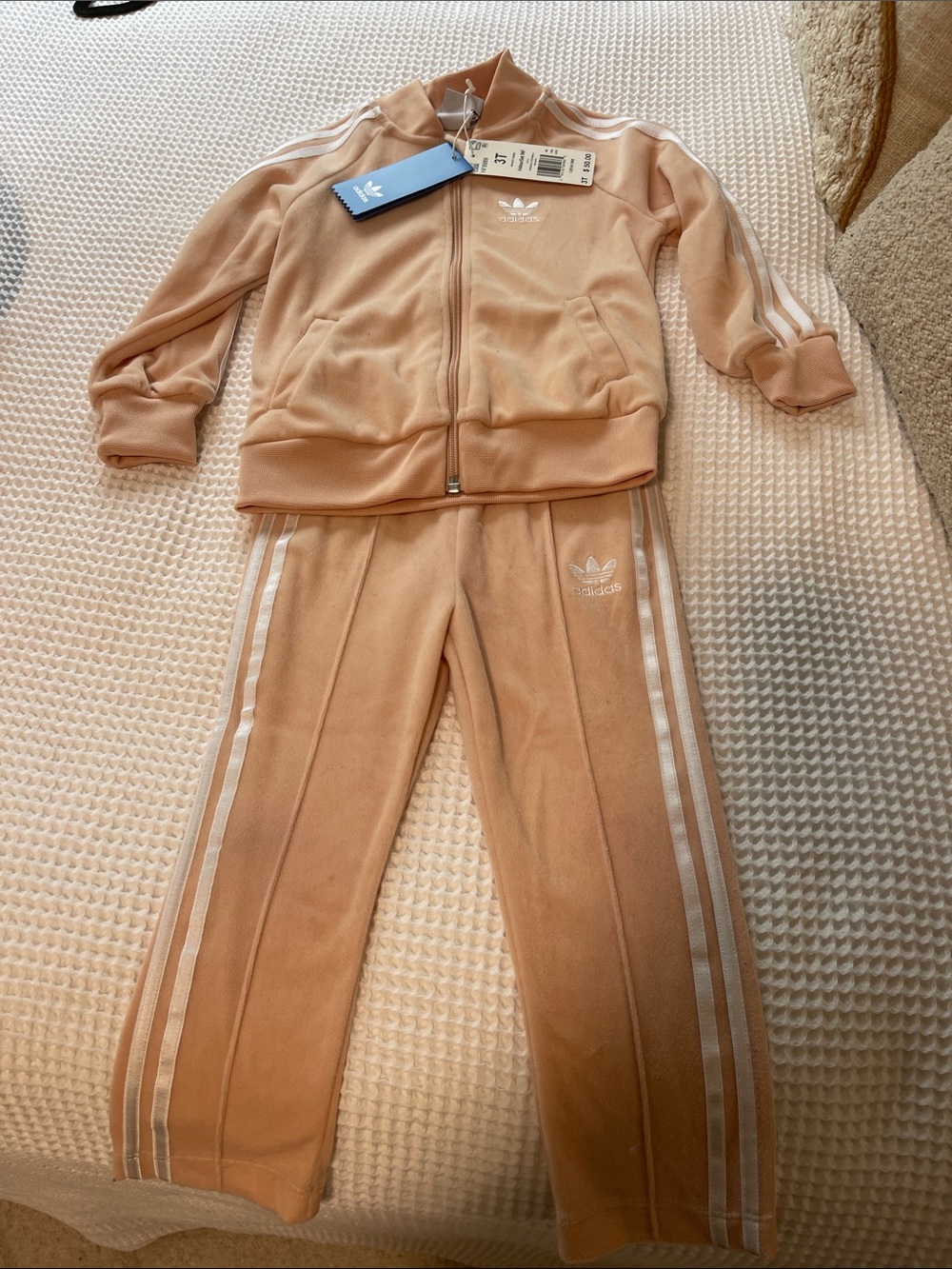 adidas Peach Velour Sweat Jct and Joggers with White Three Stripes
